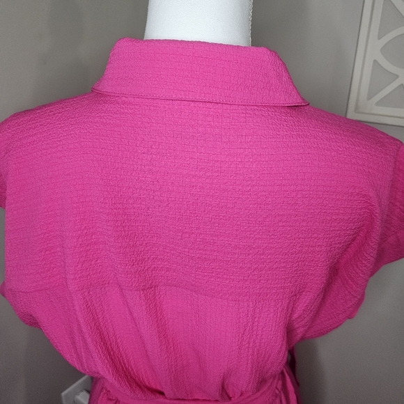 Calvin Klein Hot Pink Button-Front Fit & Flare Gauze Preppy Feminine Shirt Dress - Picture 5 of 11